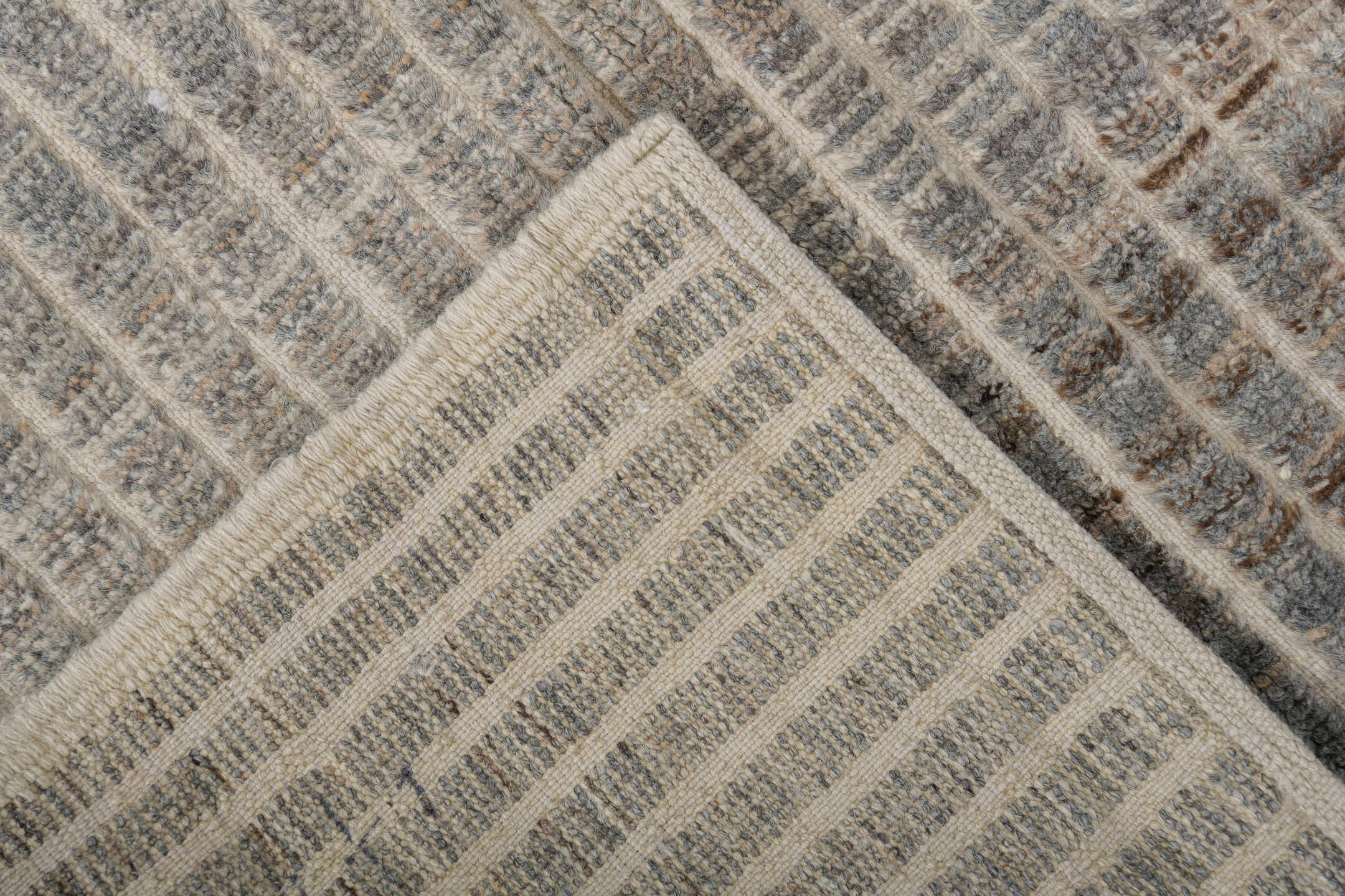 3' x 9' one-of-a-kind handmade vintage Tulu runner rug. Color palette: ivory, gray, taupe, charcoal, cream, beige, black