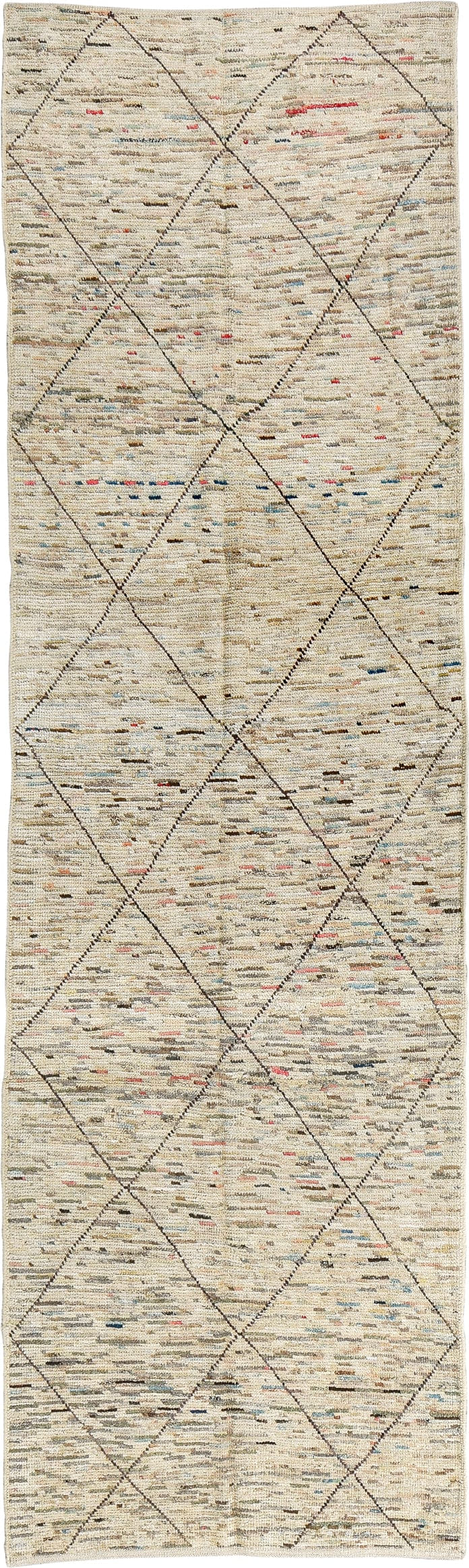 2' x 10' one-of-a-kind handmade vintage Tulu runner rug. Color palette: ivory, taupe, charcoal, camel, slate, sky_blue