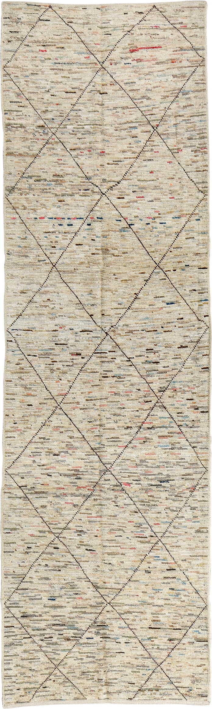 2' x 10' one-of-a-kind handmade vintage Tulu runner rug. Color palette: ivory, taupe, charcoal, camel, slate, sky_blue