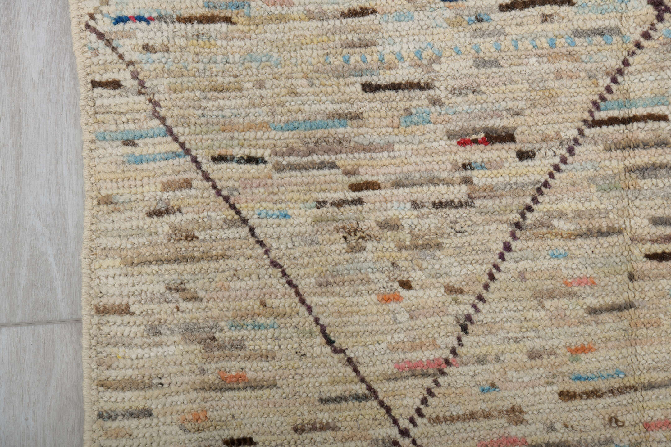 2' x 10' one-of-a-kind handmade vintage Tulu runner rug. Color palette: ivory, taupe, charcoal, camel, slate, sky_blue