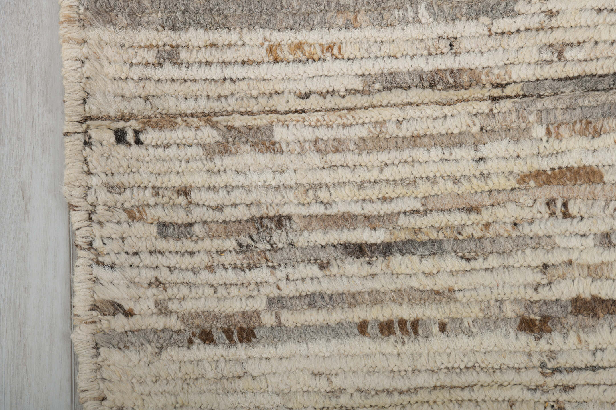 2' x 9' one-of-a-kind handmade vintage Tulu runner rug. Color palette: ivory, taupe, charcoal, brown, cream, gray, beige