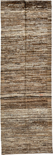3' x 9' one-of-a-kind handmade vintage Tulu runner rug. Color palette: brown, ivory, taupe, camel, charcoal, beige, gray