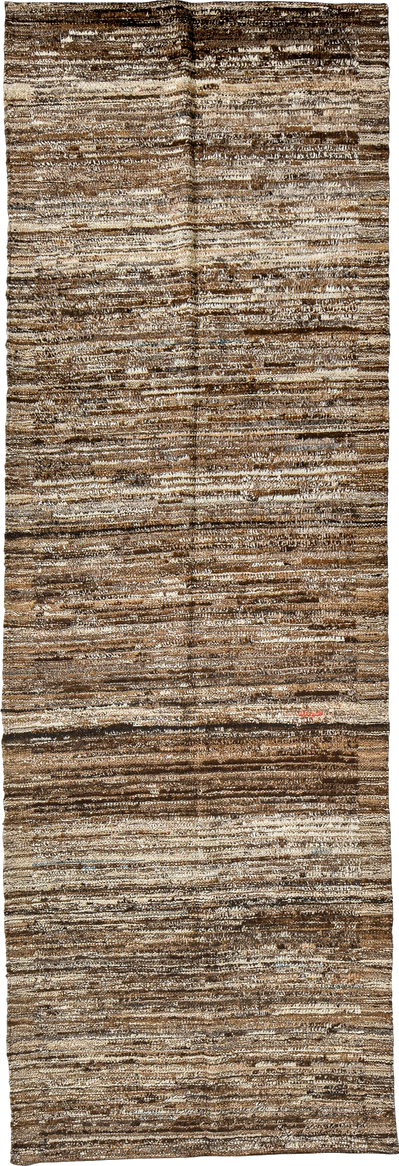3' x 9' one-of-a-kind handmade vintage Tulu runner rug. Color palette: black, brown, dark gray, gray, light gray, off-white
