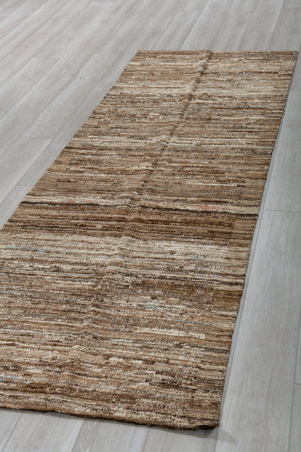 3' x 9' one-of-a-kind handmade vintage Tulu runner rug. Color palette: brown, ivory, taupe, camel, charcoal, beige, gray