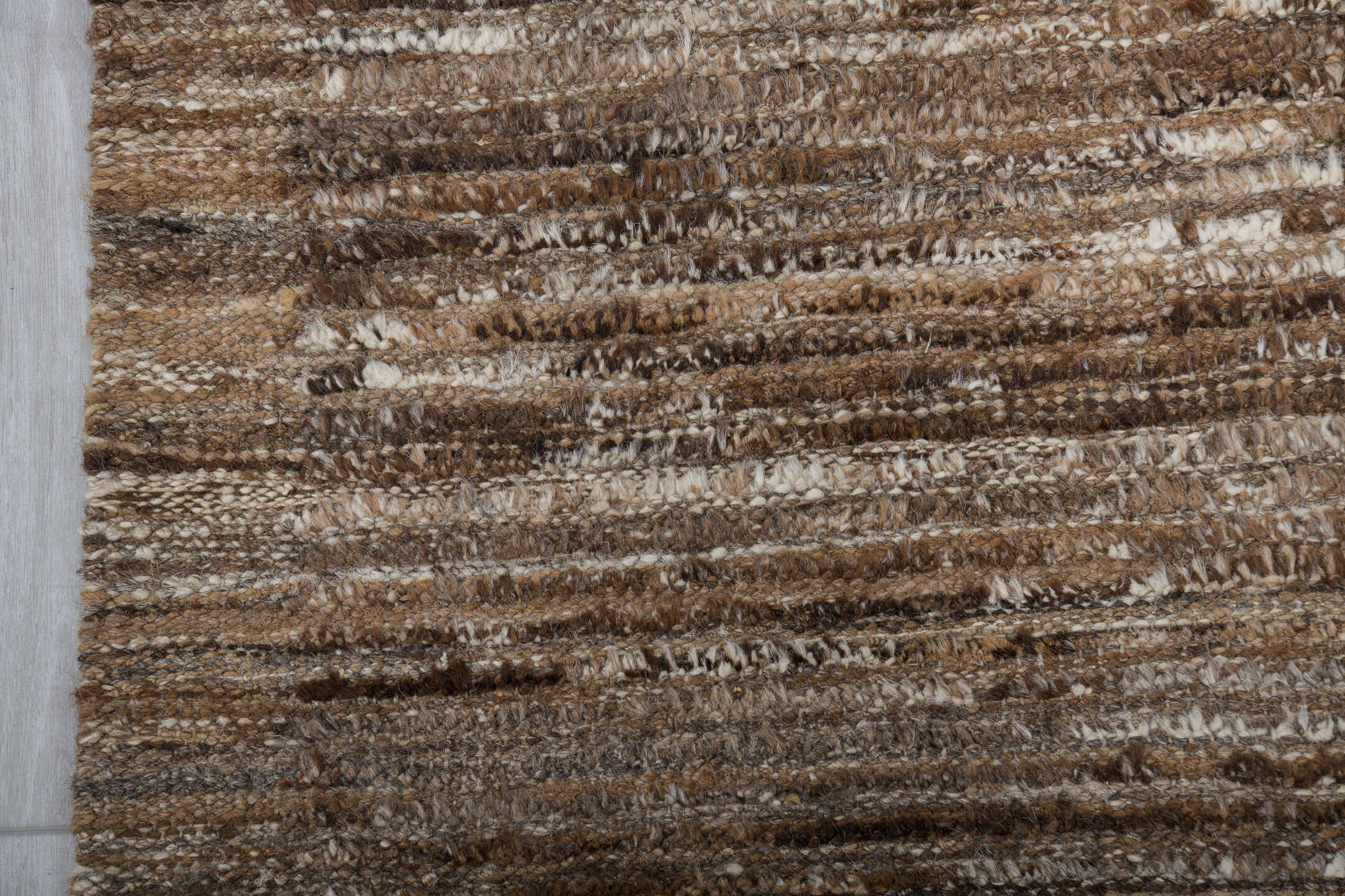 3' x 9' one-of-a-kind handmade vintage Tulu runner rug. Color palette: brown, ivory, taupe, camel, charcoal, beige, gray