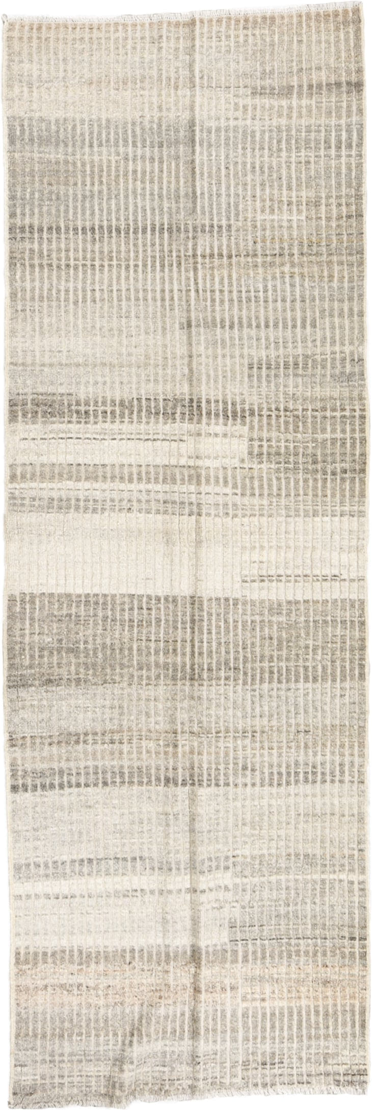 3' x 9' one-of-a-kind handmade vintage Tulu runner rug. Color palette: ivory, taupe, gray, cream, beige