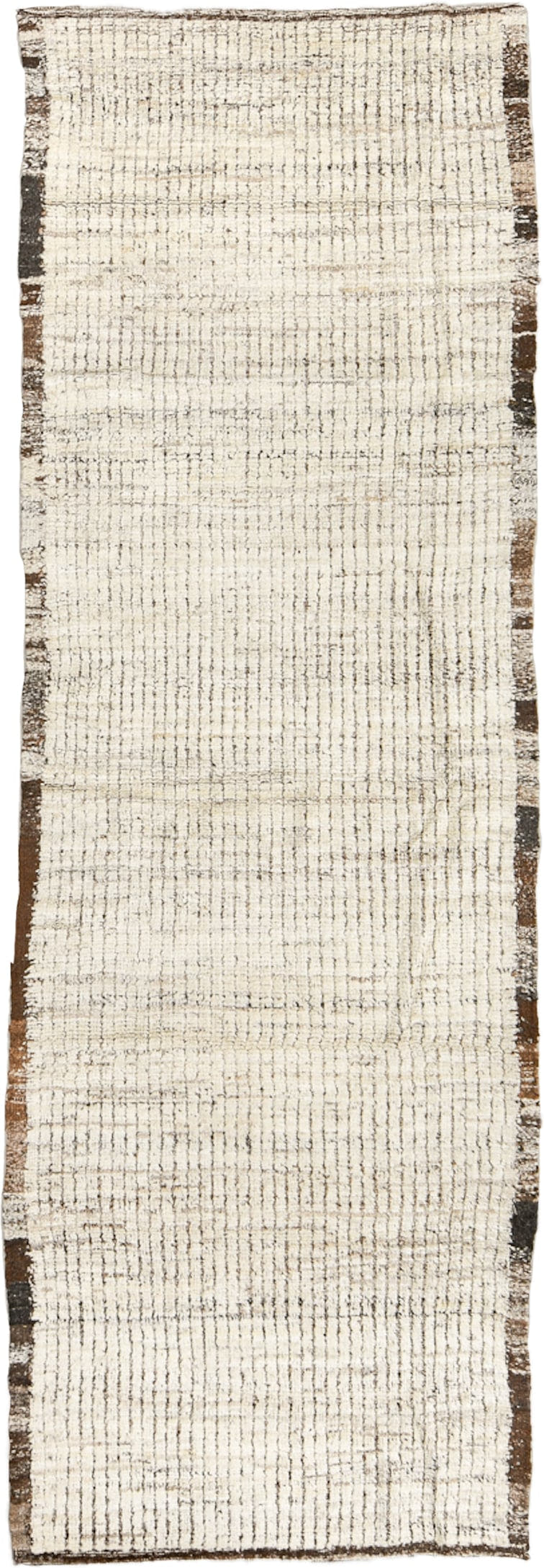 3' x 9' one-of-a-kind handmade vintage Tulu runner rug. Color palette: ivory, brown, taupe, charcoal, beige, gray, black