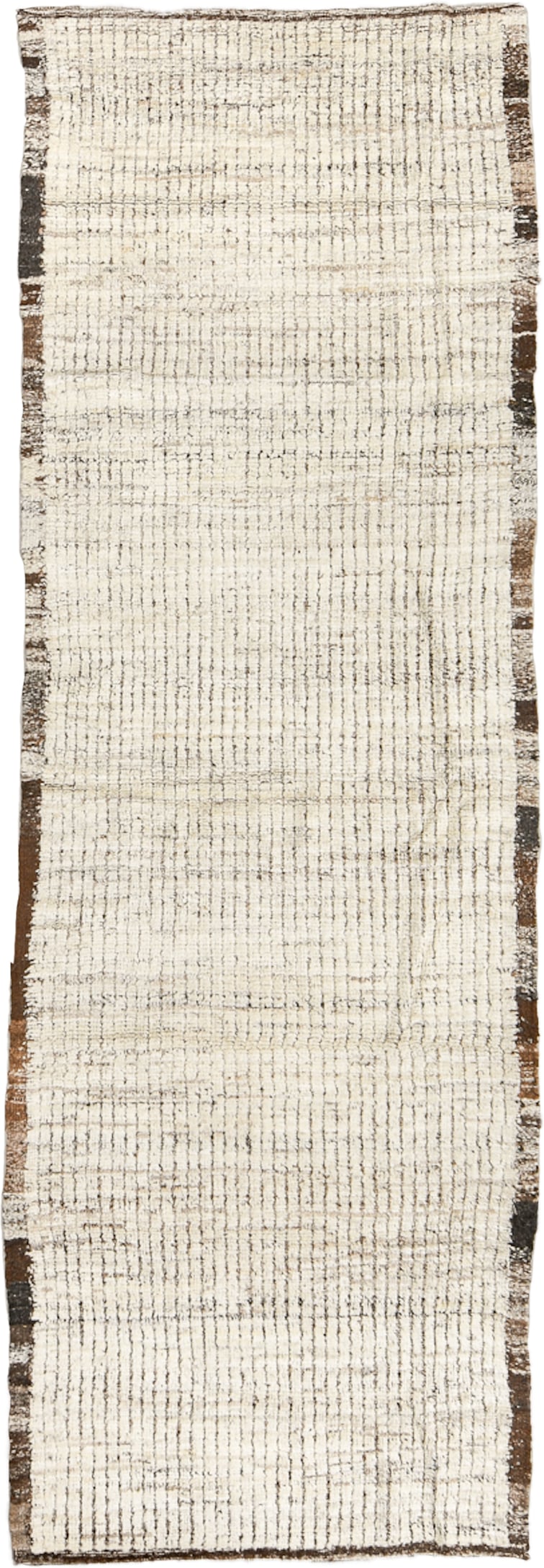 3' x 9' one-of-a-kind handmade vintage Tulu runner rug. Color palette: ivory, brown, taupe, charcoal, beige, gray, black