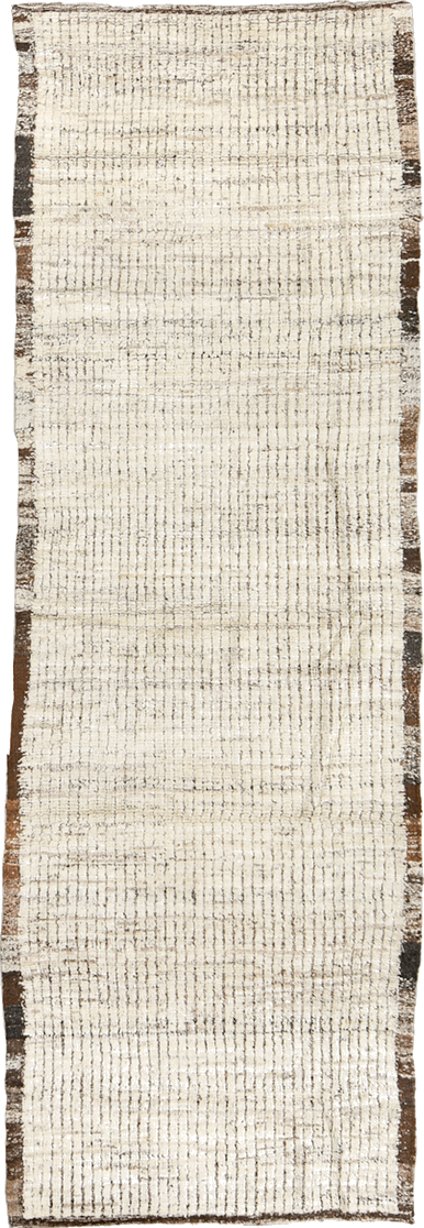 3' x 9' one-of-a-kind handmade vintage Tulu runner rug. Color palette: brown, dark gray, gainsboro, gray, light gray