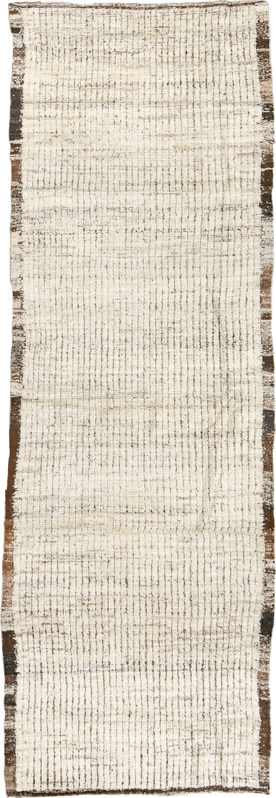 3' x 9' one-of-a-kind handmade vintage Tulu runner rug. Color palette: ivory, brown, taupe, charcoal, beige, gray, black