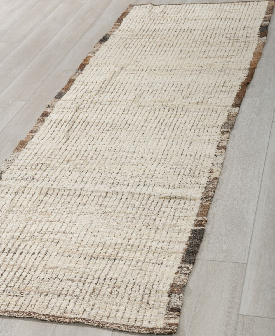 3' x 9' one-of-a-kind handmade vintage Tulu runner rug. Color palette: brown, dark gray, gainsboro, gray, light gray