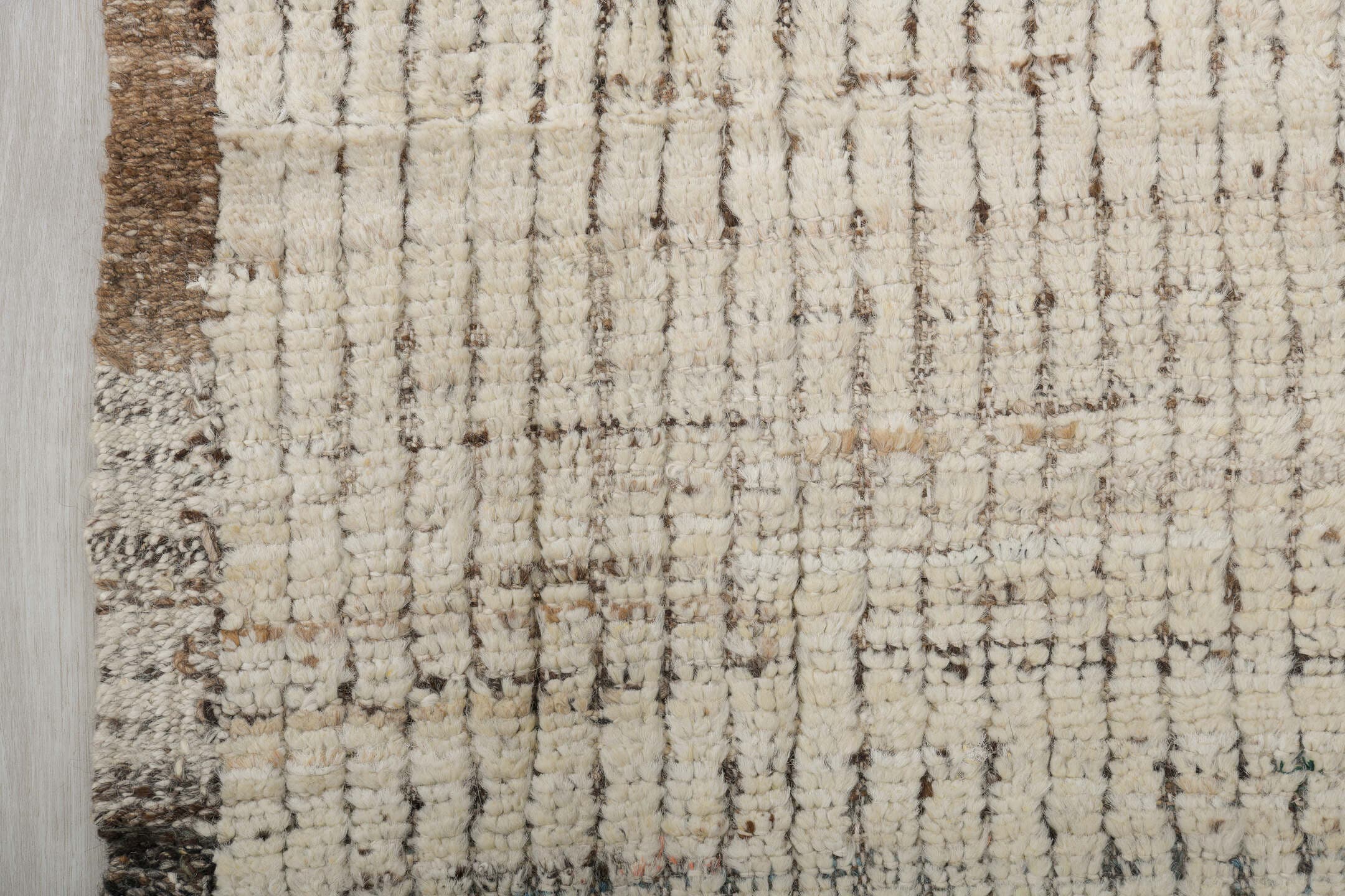 3' x 9' one-of-a-kind handmade vintage Tulu runner rug. Color palette: ivory, brown, taupe, charcoal, beige, gray, black