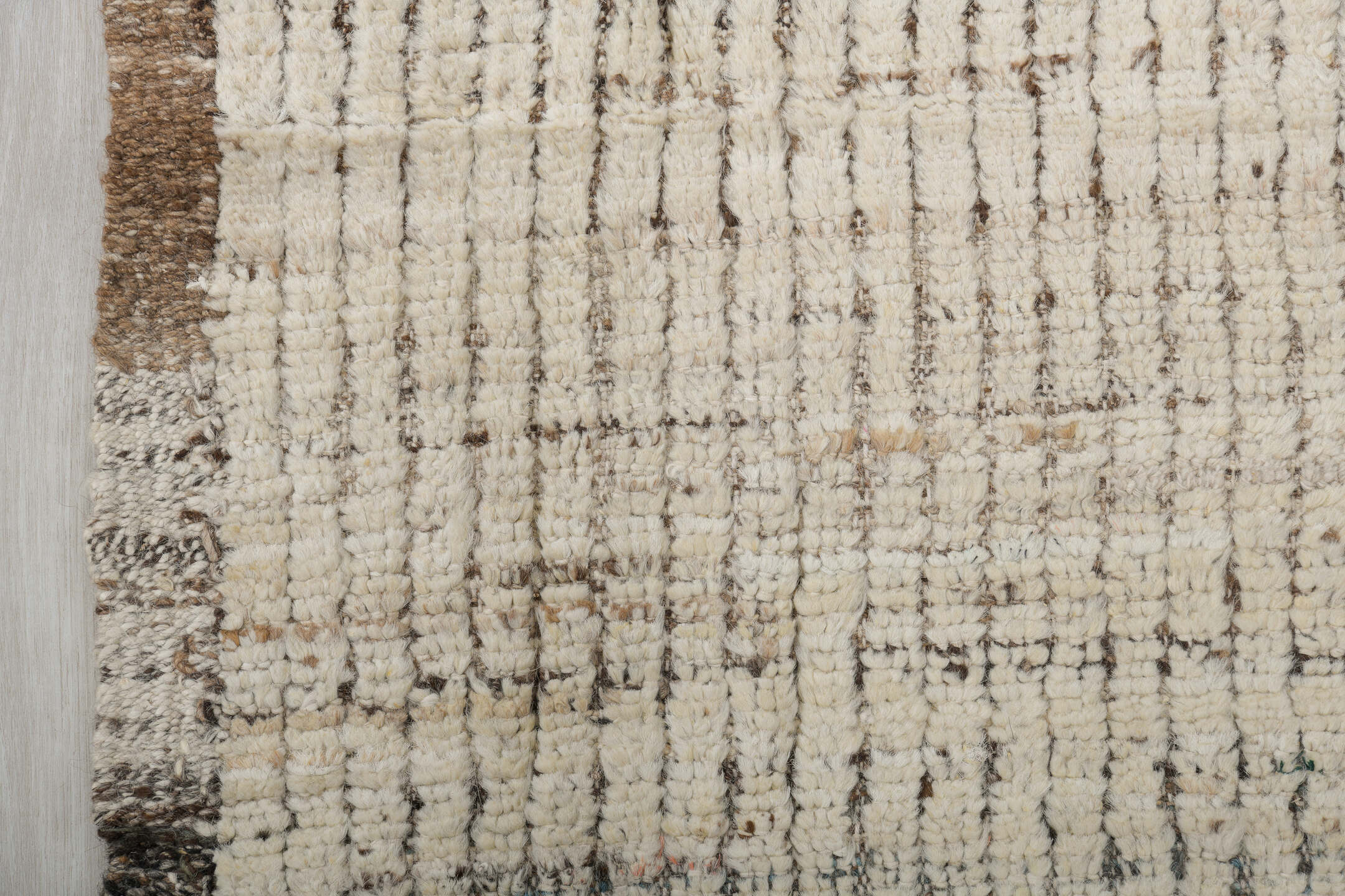 3' x 9' one-of-a-kind handmade vintage Tulu runner rug. Color palette: ivory, brown, taupe, charcoal, beige, gray, black