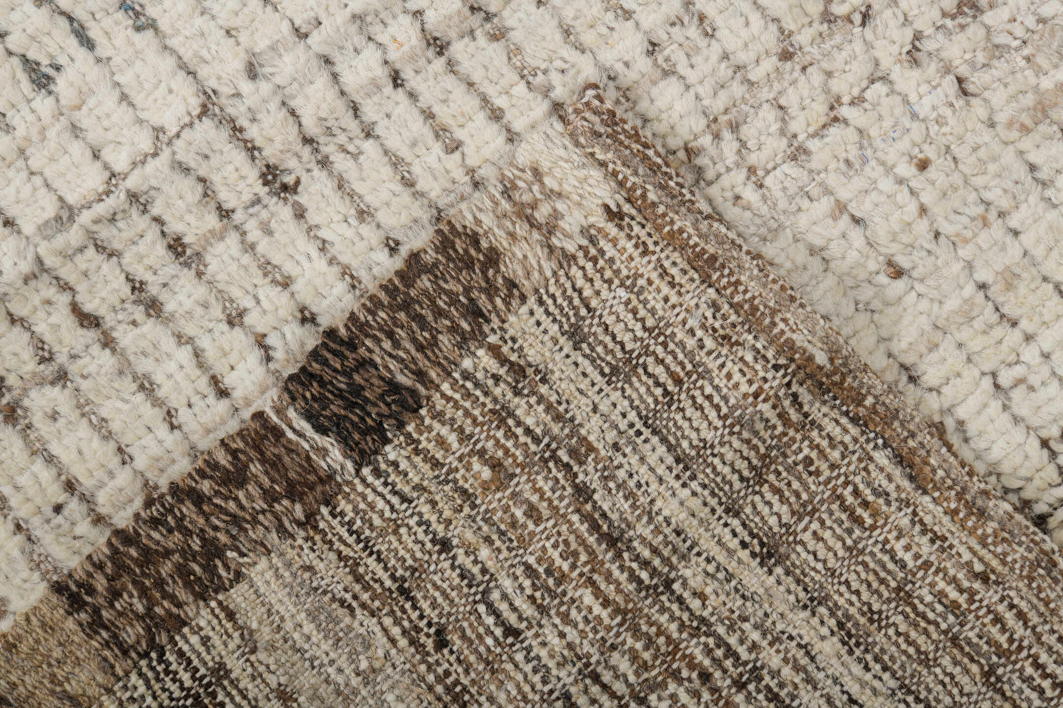 3' x 9' one-of-a-kind handmade vintage Tulu runner rug. Color palette: ivory, brown, taupe, charcoal, beige, gray, black