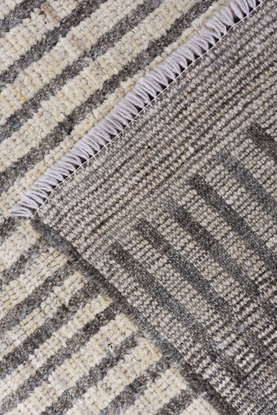 3' x 10' one-of-a-kind handmade vintage Tulu runner rug. Color palette: ivory, charcoal, taupe, gray, black, beige
