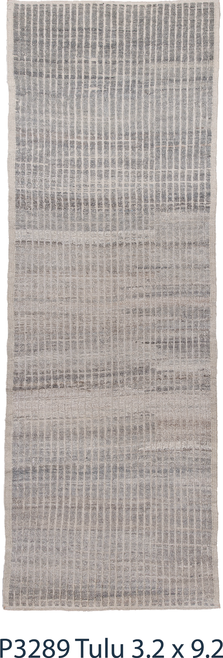 3' x 9' one-of-a-kind handmade vintage Tulu runner rug. Color palette: blue, dark gray, dim gray, gainsboro, gray