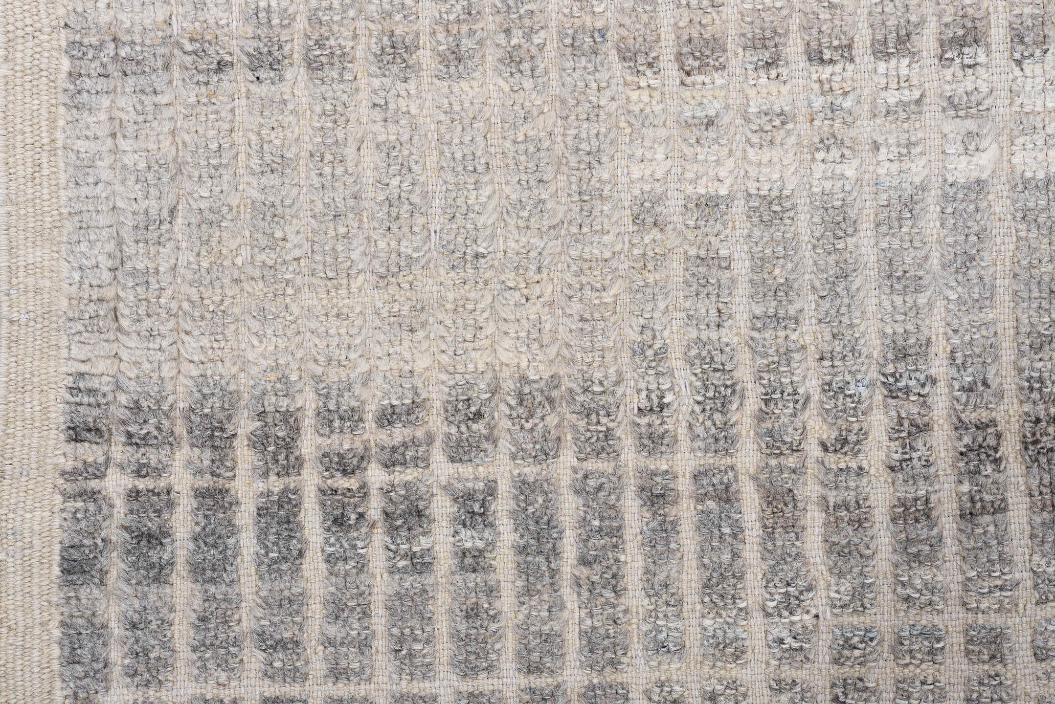 3' x 9' one-of-a-kind handmade vintage Tulu runner rug. Color palette: ivory, gray, taupe, charcoal, beige, black