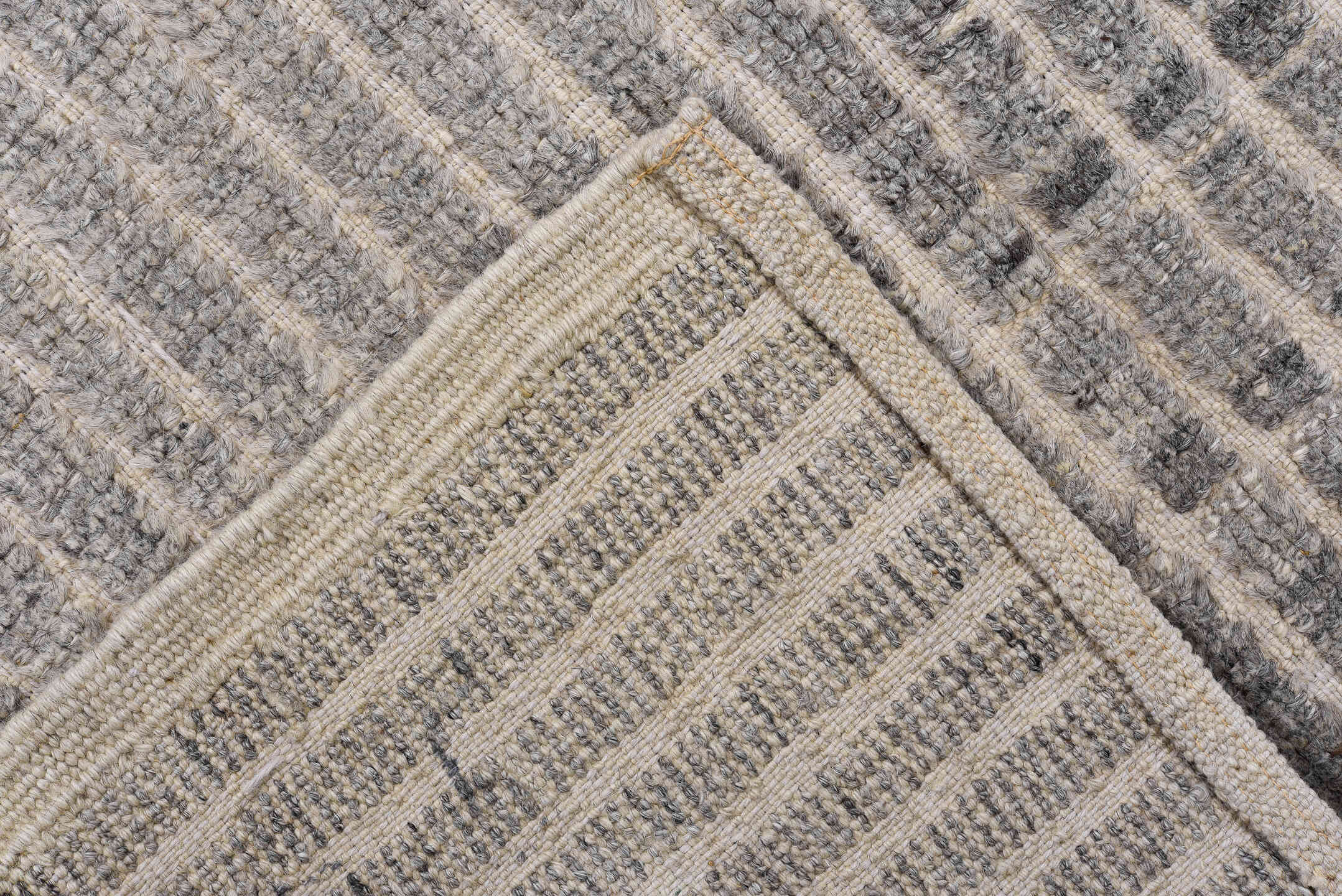 3' x 9' one-of-a-kind handmade vintage Tulu runner rug. Color palette: ivory, gray, taupe, charcoal, beige, black