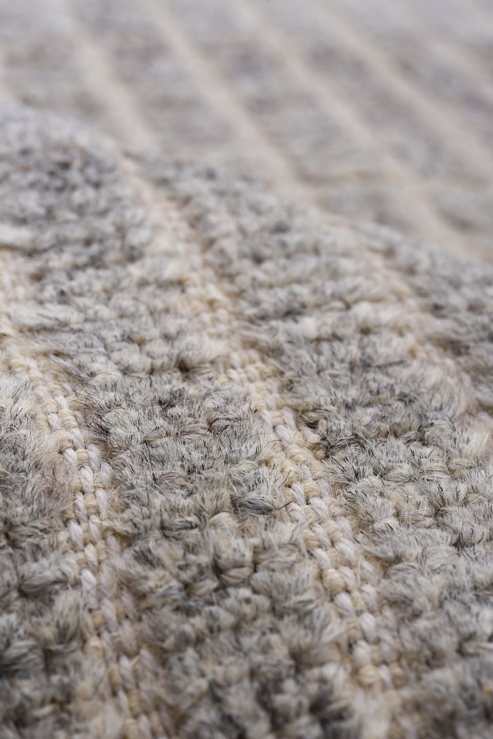 3' x 9' one-of-a-kind handmade vintage Tulu runner rug. Color palette: ivory, gray, taupe, charcoal, beige, black