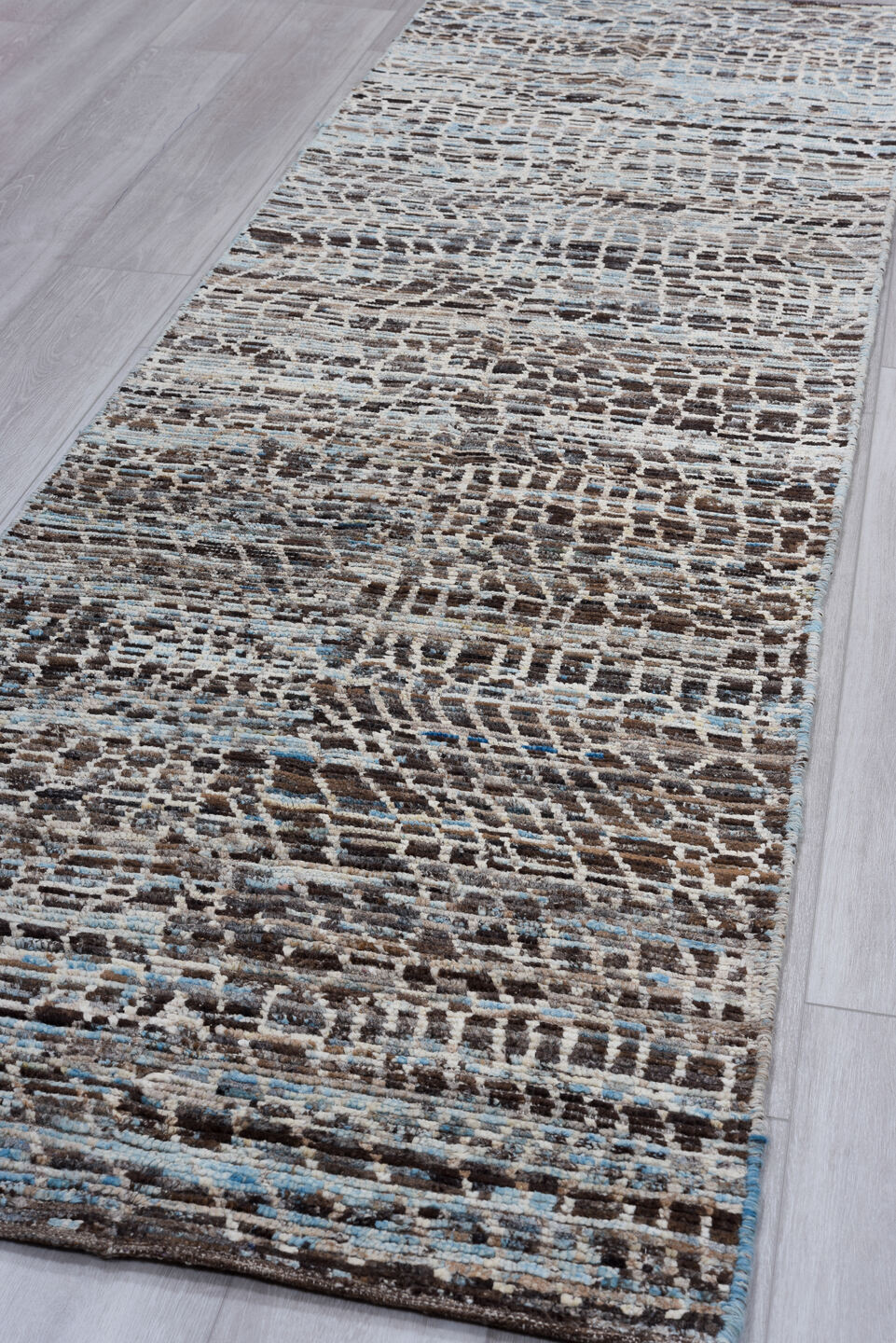 2' x 10' one-of-a-kind handmade vintage Tulu runner rug. Color palette: black, blue, brown, charcoal, dark gray, dim gray