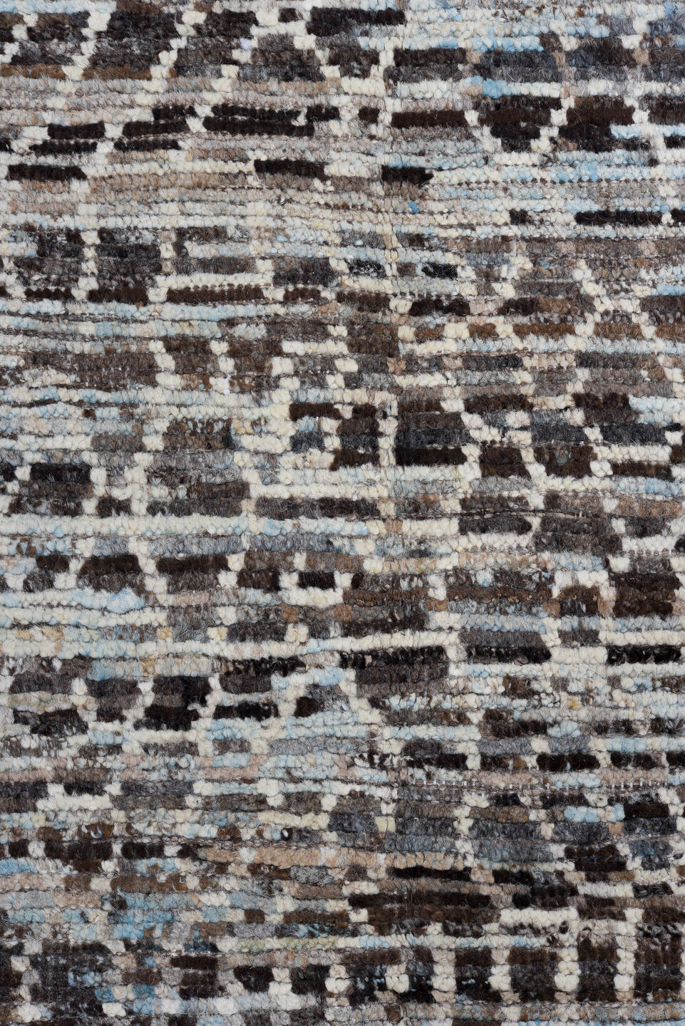 2' x 10' one-of-a-kind handmade vintage Tulu runner rug. Color palette: black, blue, brown, charcoal, dark gray, dim gray
