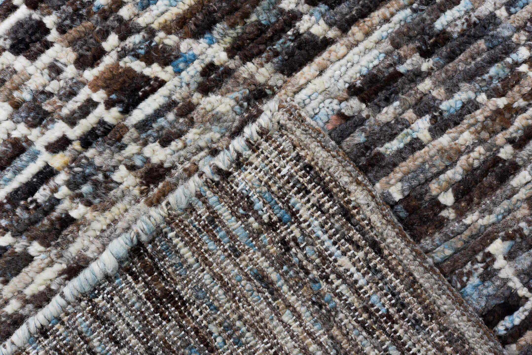 2' x 10' one-of-a-kind handmade vintage Tulu runner rug. Color palette: black, blue, brown, charcoal, dark gray, dim gray