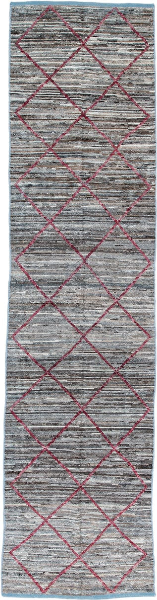 2' x 10' one-of-a-kind handmade vintage Tulu runner rug. Color palette: gray, ivory, raspberry, taupe, charcoal, sky_blue