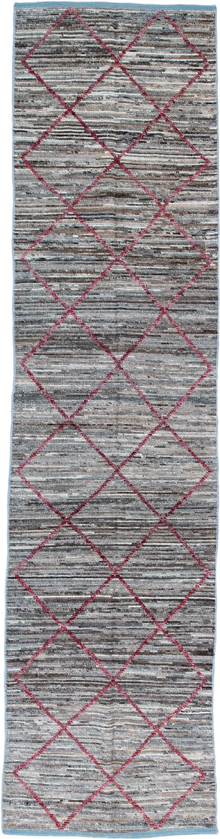 2' x 10' one-of-a-kind handmade vintage Tulu runner rug. Color palette: gray, ivory, raspberry, taupe, charcoal, sky_blue