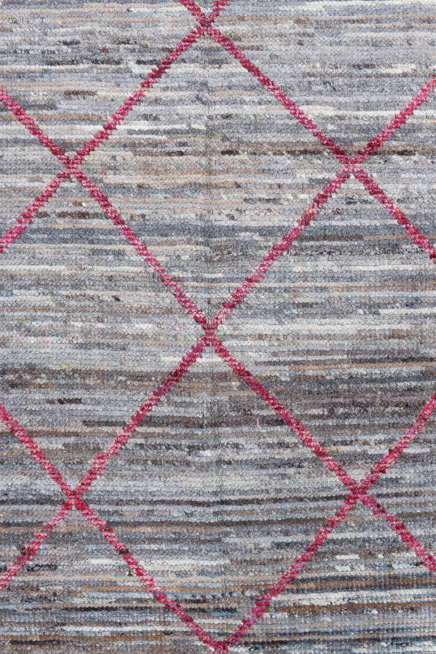 2' x 10' one-of-a-kind handmade vintage Tulu runner rug. Color palette: gray, ivory, raspberry, taupe, charcoal, sky_blue