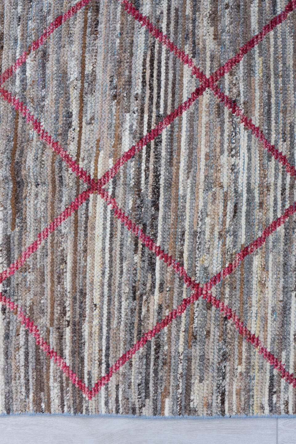 2' x 10' one-of-a-kind handmade vintage Tulu runner rug. Color palette: gray, ivory, raspberry, taupe, charcoal, sky_blue