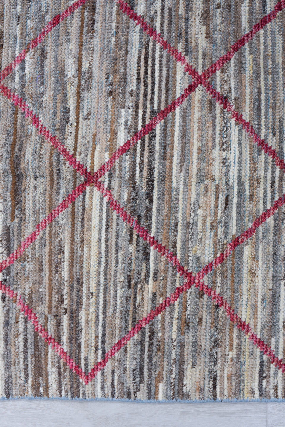 2' x 10' one-of-a-kind handmade vintage Tulu runner rug. Color palette: gray, ivory, raspberry, taupe, charcoal, sky_blue