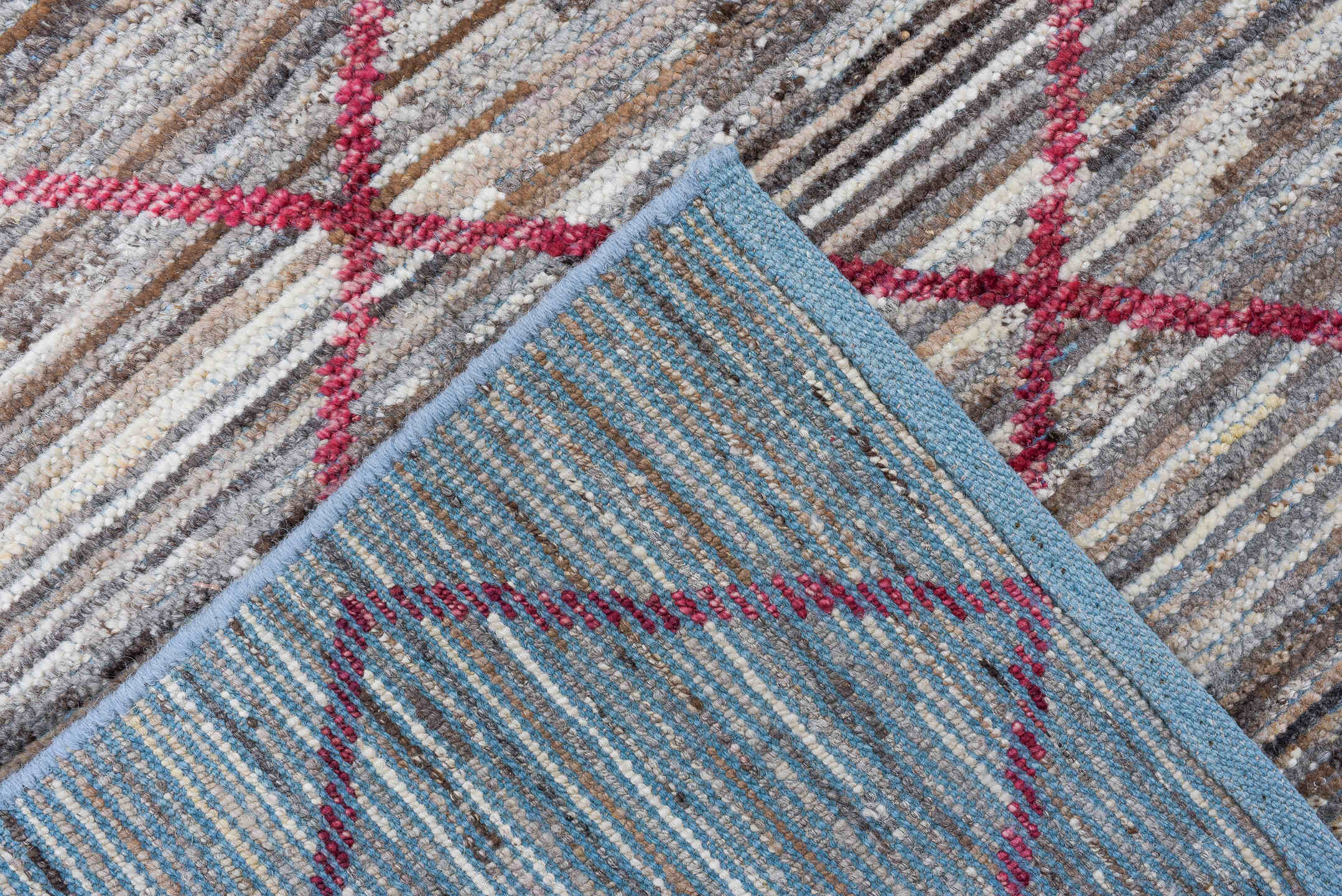 2' x 10' one-of-a-kind handmade vintage Tulu runner rug. Color palette: gray, ivory, raspberry, taupe, charcoal, sky_blue