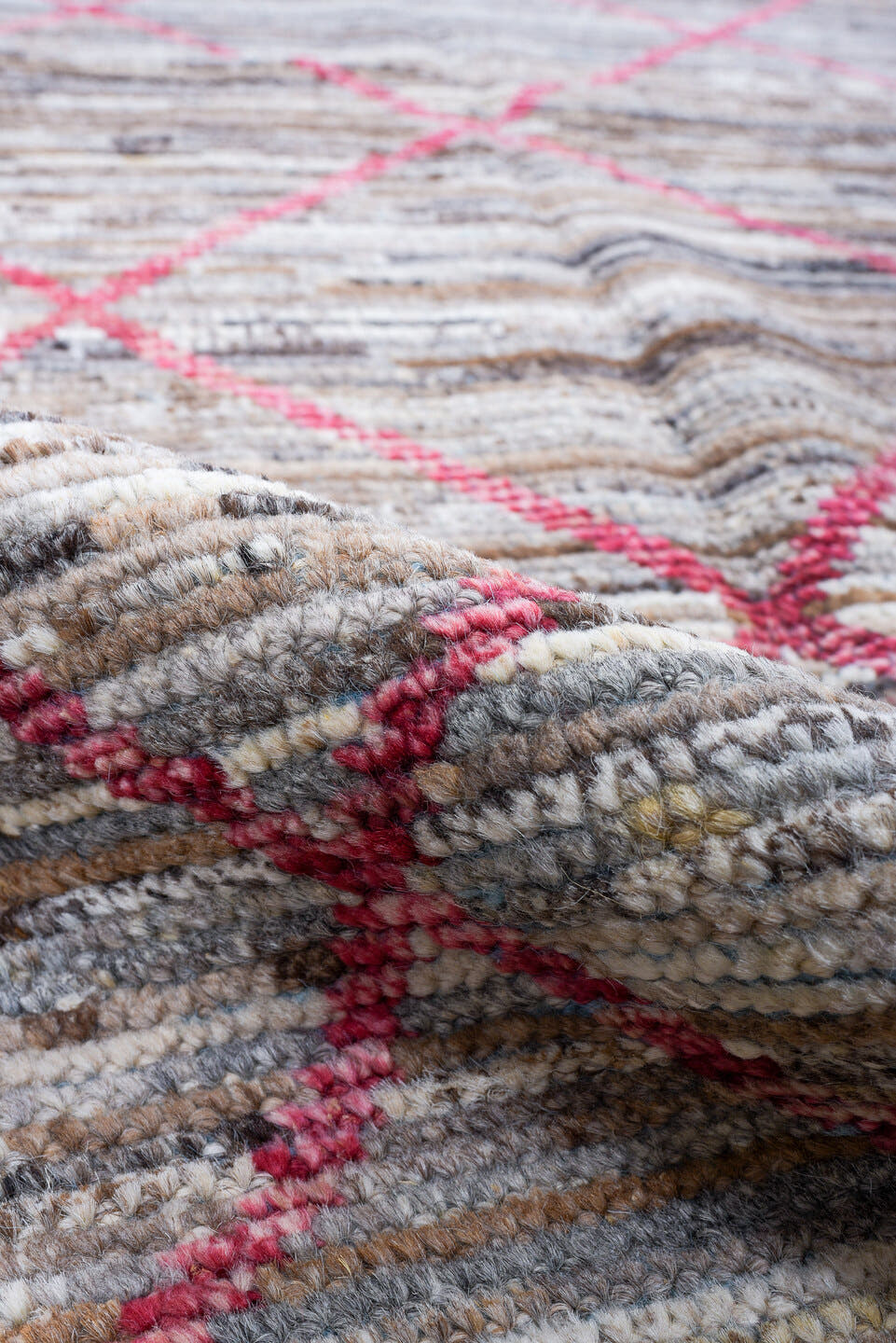 2' x 10' one-of-a-kind handmade vintage Tulu runner rug. Color palette: gray, ivory, raspberry, taupe, charcoal, sky_blue
