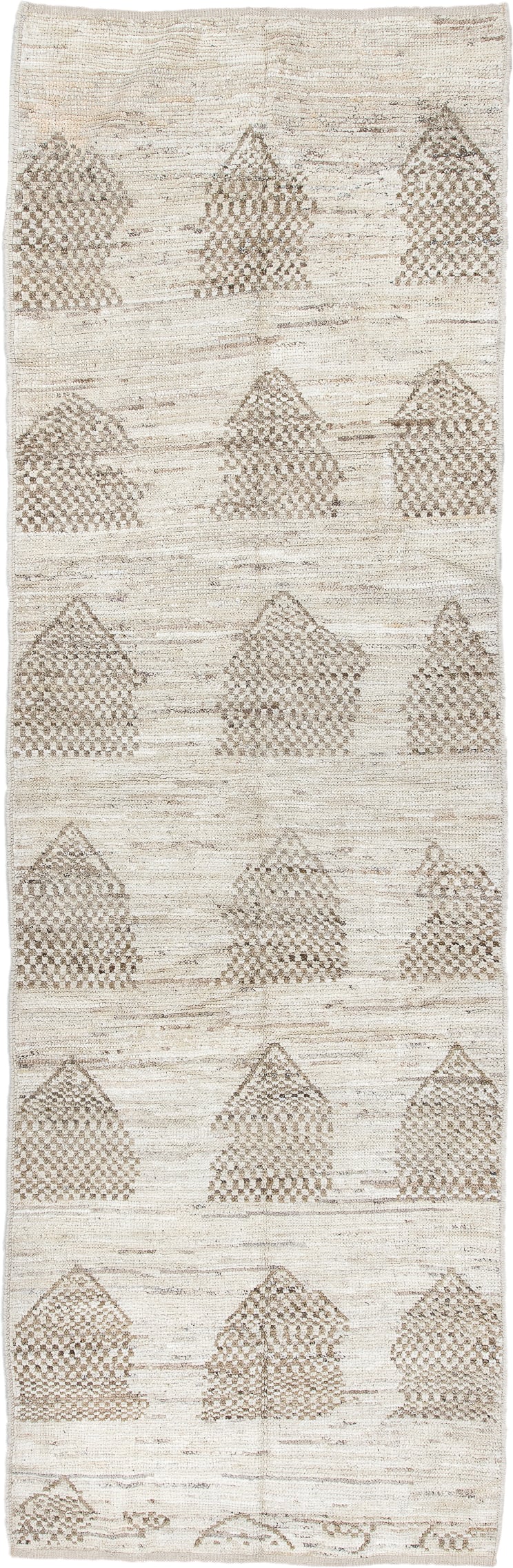 3' x 10' one-of-a-kind handmade vintage Tulu runner rug. Color palette: ivory, taupe, beige, cream, gray