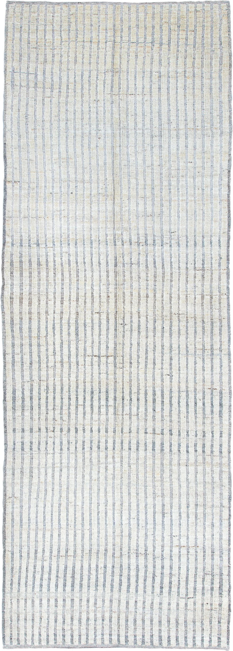 3' x 9' one-of-a-kind handmade vintage Tulu runner rug. Color palette: ivory, pale blue, light gray, light blue