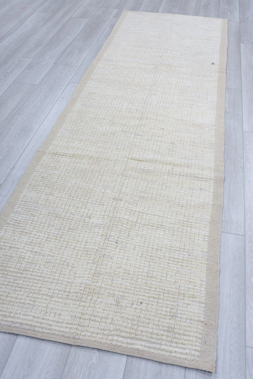 3' x 10' one-of-a-kind handmade vintage Tulu runner rug. Color palette: ivory, cream, beige, taupe, charcoal, gray, black
