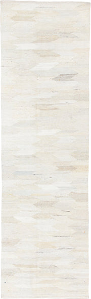 2' x 9' one-of-a-kind handmade vintage Kilim runner rug. Color palette: ivory, cream, beige, taupe, pale gray, gray