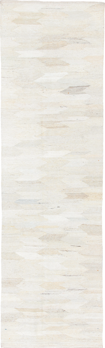 2' x 9' one-of-a-kind handmade vintage Kilim runner rug. Color palette: ivory, cream, beige, taupe, pale gray, gray