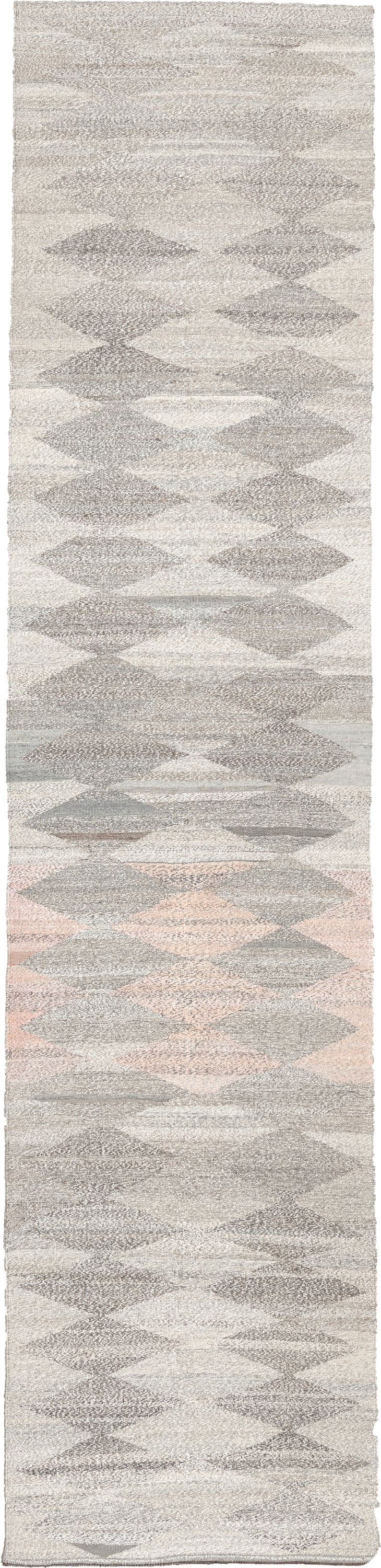 3' x 12' one-of-a-kind handmade vintage Tulu runner rug. Color palette: ivory, gray, taupe, blush, charcoal, cream, beige