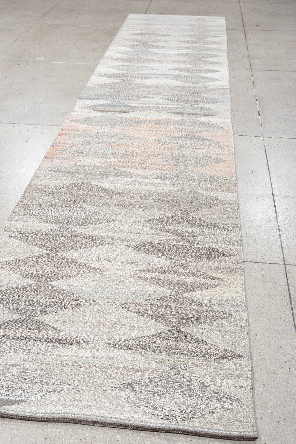 3' x 12' one-of-a-kind handmade vintage Tulu runner rug. Color palette: ivory, gray, taupe, blush, charcoal, cream, beige