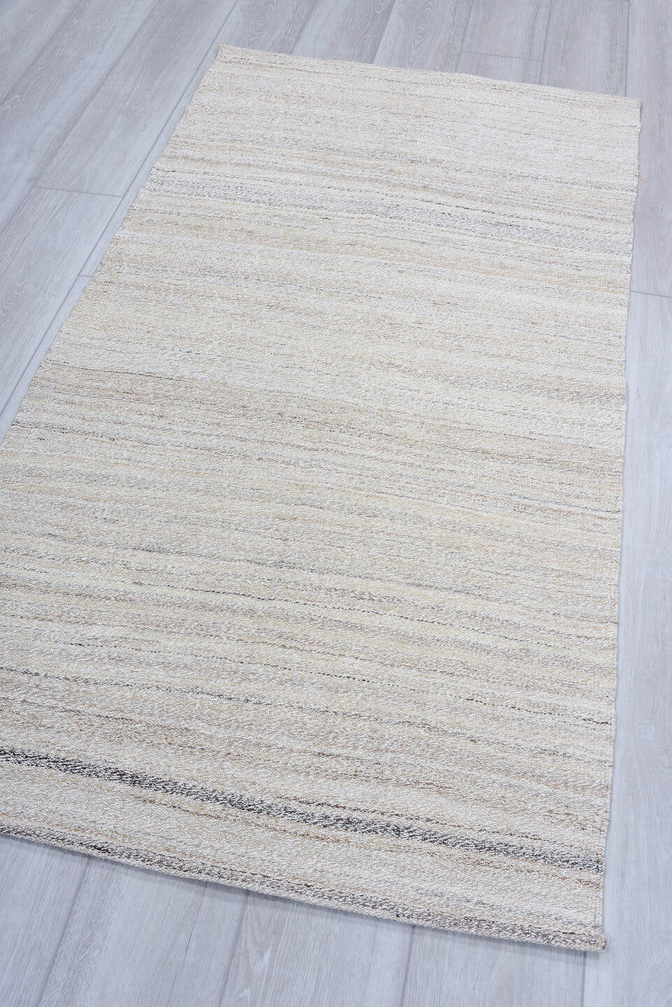 3' x 5' one-of-a-kind handmade vintage Kilim small size rug. Color palette: ivory, cream, taupe, gray, beige