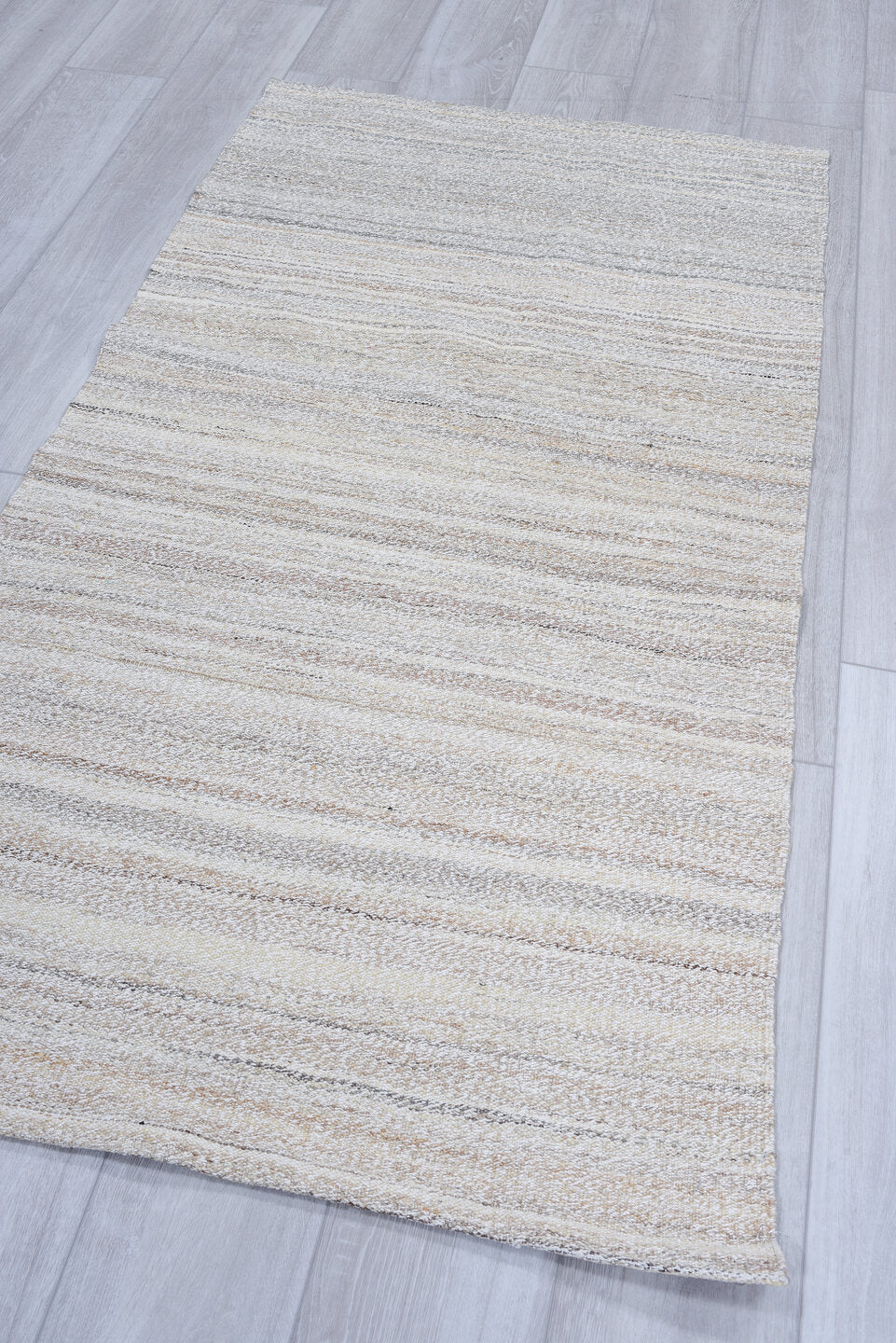 2' x 5' one-of-a-kind handmade vintage Kilim small size rug. Color palette: ivory, cream, taupe, light_gray, beige, gray