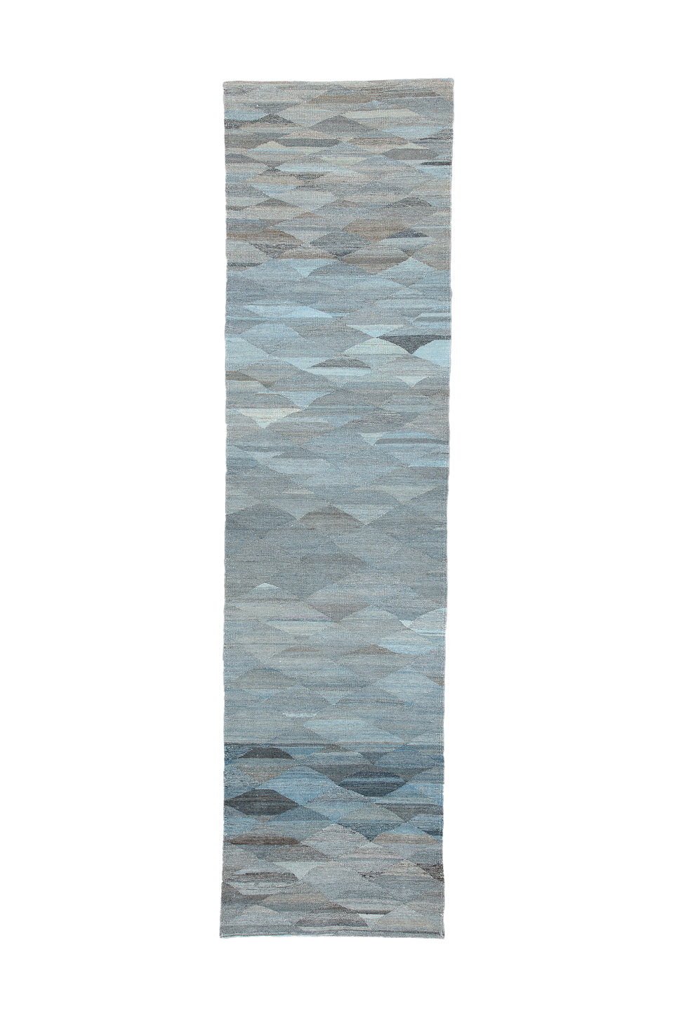 2' x 10' one-of-a-kind handmade vintage Tulu runner rug. Color palette: blue, gray, light blue, light gray, off-white