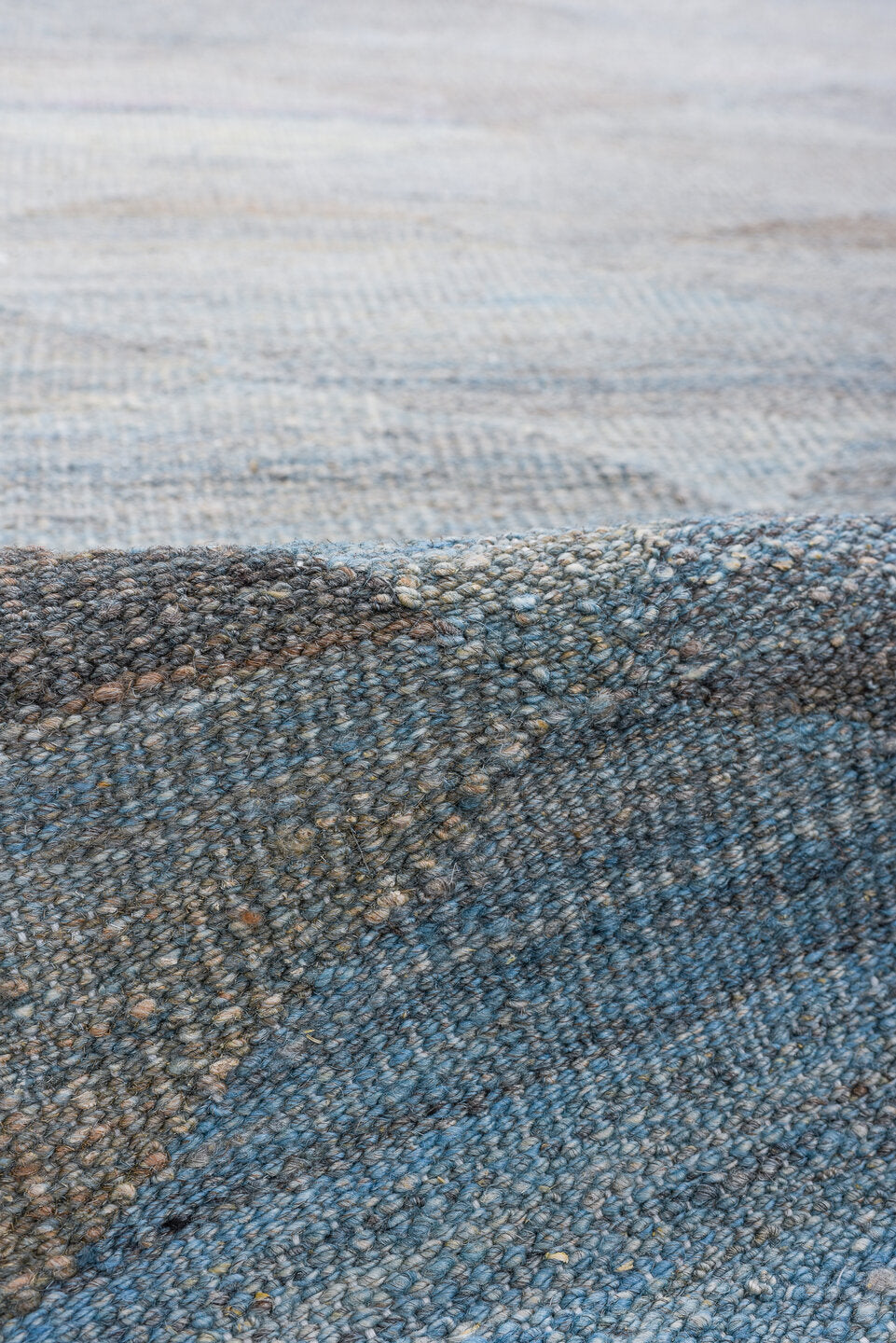 2' x 10' one-of-a-kind handmade vintage Tulu runner rug. Color palette: blue, gray, light blue, light gray, off-white