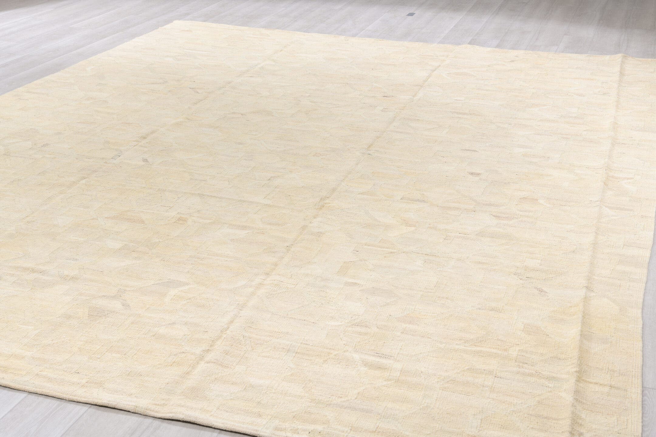 10' x 13' one-of-a-kind handmade vintage Kilim large size rug. Color palette: ivory, cream, beige, taupe, sand, light gray