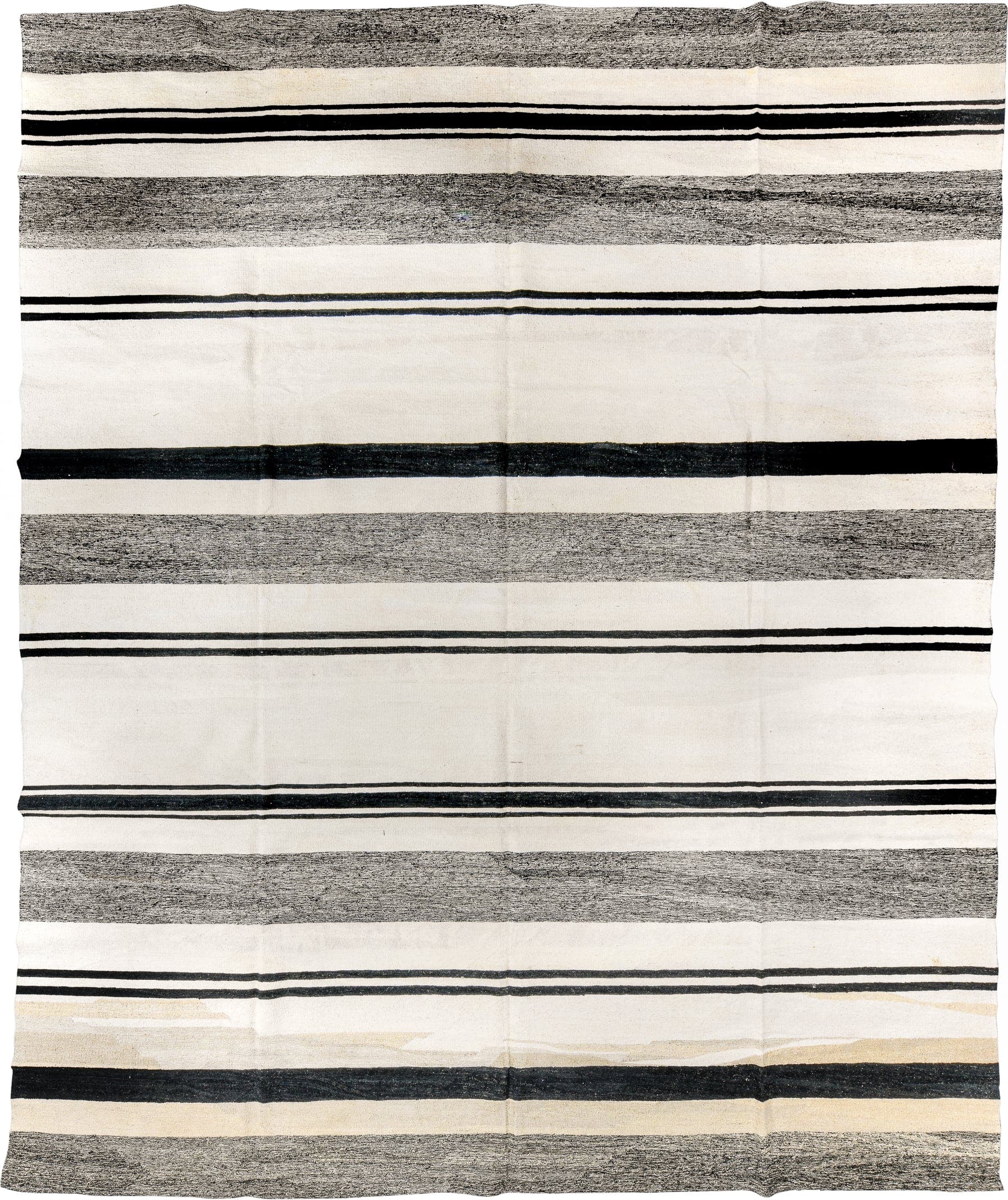 13' x 16' one-of-a-kind handmade vintage Kilim oversize rug. Color palette: ivory, charcoal, black, cream, gray