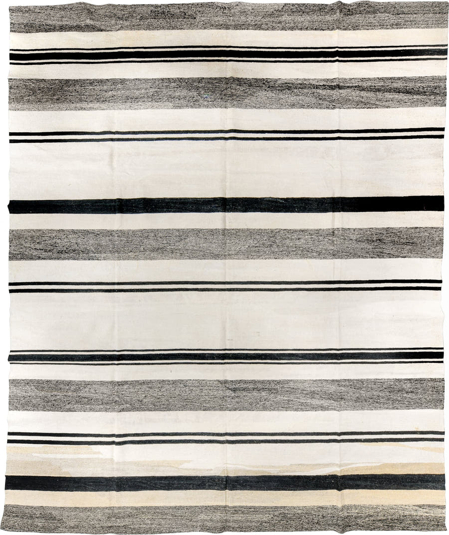13' x 16' one-of-a-kind handmade vintage Kilim oversize rug. Color palette: ivory, charcoal, black, cream, gray