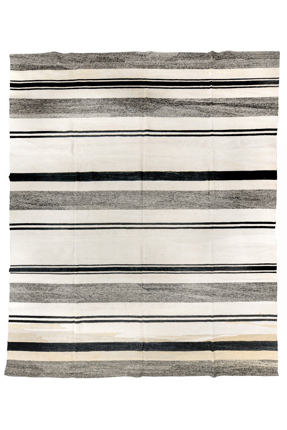 13' x 16' one-of-a-kind handmade vintage Kilim oversize rug. Color palette: black, brown, charcoal, dark gray, dim gray