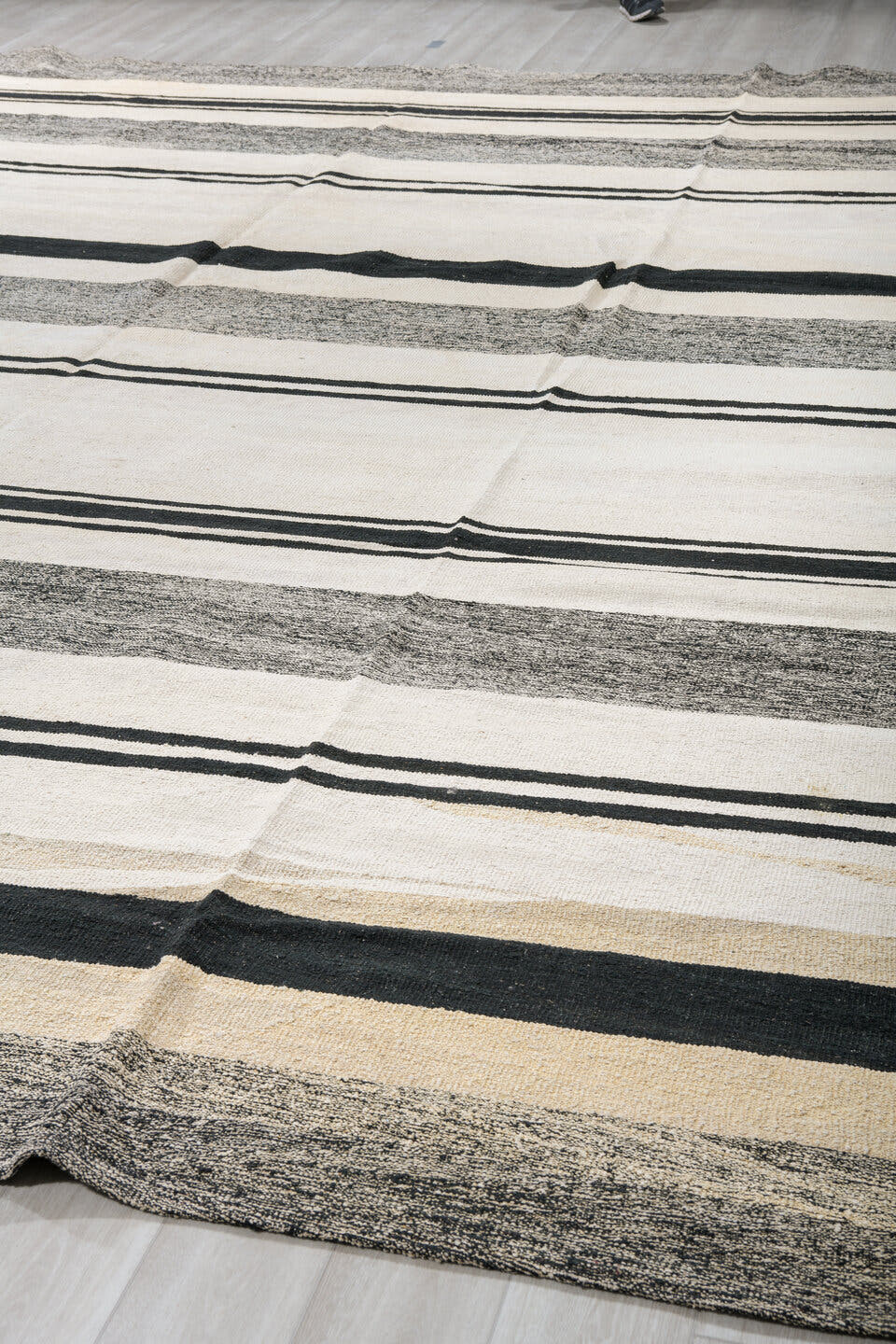 13' x 16' one-of-a-kind handmade vintage Kilim oversize rug. Color palette: ivory, charcoal, black, cream, gray