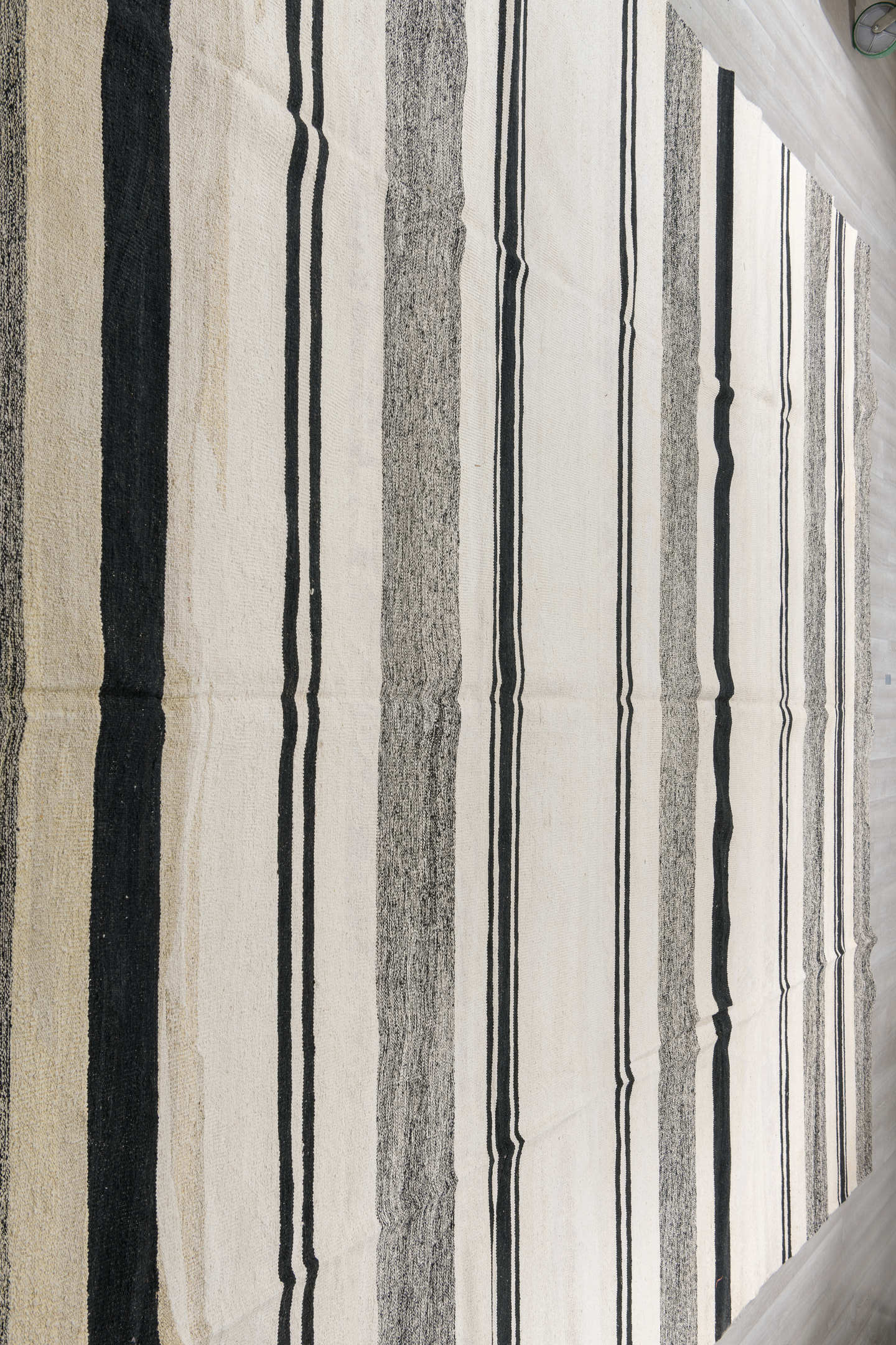 13' x 16' one-of-a-kind handmade vintage Kilim oversize rug. Color palette: ivory, charcoal, black, cream, gray